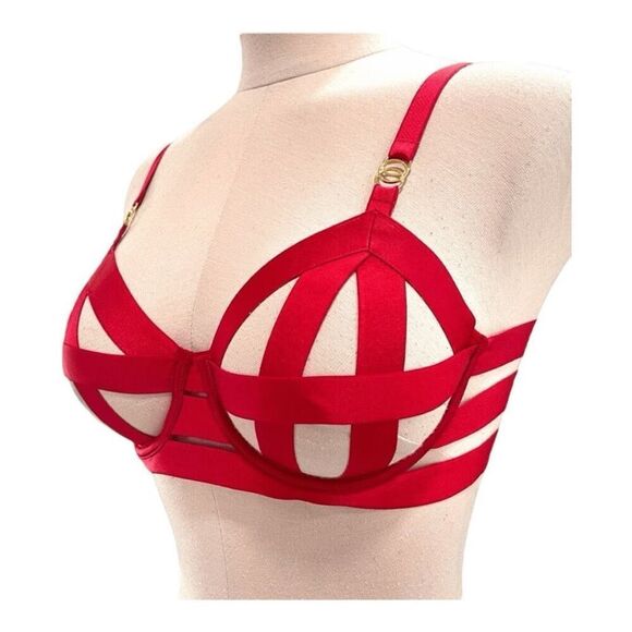 Victoria's Secret Red Banded Caged Strappy Unlined Balconet Bra 34DD Underwire - Picture 1 of 11